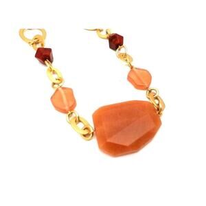 Chico's Statement Necklace & Earrings Matte Gold Red Peach Glass Pierced Ears